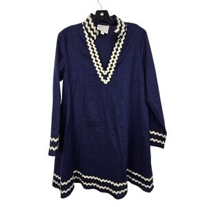 Sail to Sable Linen Shift Dress Women's SM Navy Blue Gold Ric Rac Resort Beach